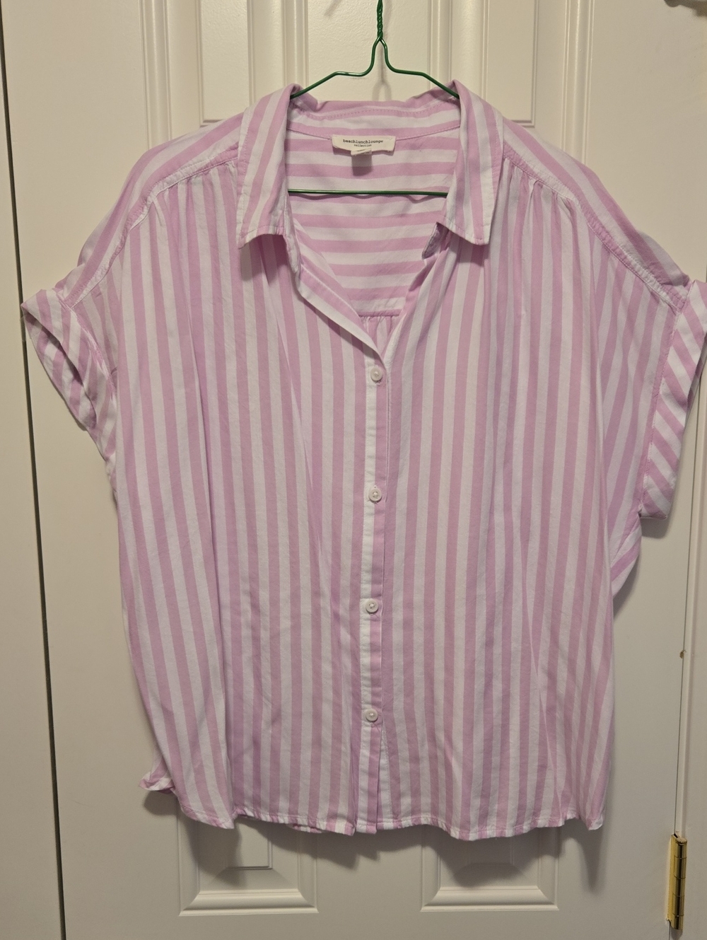 🏖 Beach Lunch Lounge Collection Pink & White Striped Button-up Shirt Top - Lg